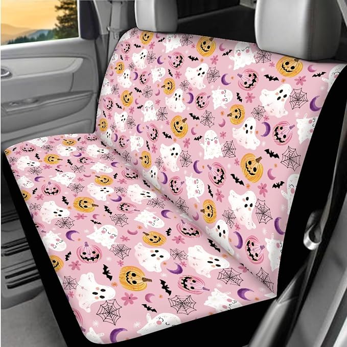 Cute Pink Halloween Print Car Seat Covers Full Set with Auto Steering Wheel Cover Auto Center Console Pad Seat Belt Covers Universal Fit SUV Truck Cars Halloween Decoratoions Gifts