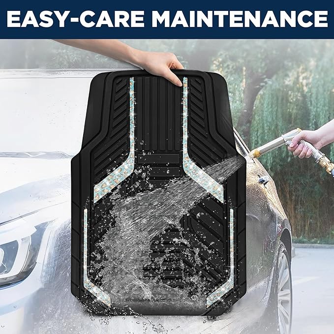 PIC AUTO Car Floor Mats, Leopard Sparkly Crystal Bling Glitter Car Mats Set, Front and Rear Heavy Duty Rubber Car Mats with Anti-Slip Backing, All Weather, Trim-to-Fit for Automotive SUVs, Sedan, Vans