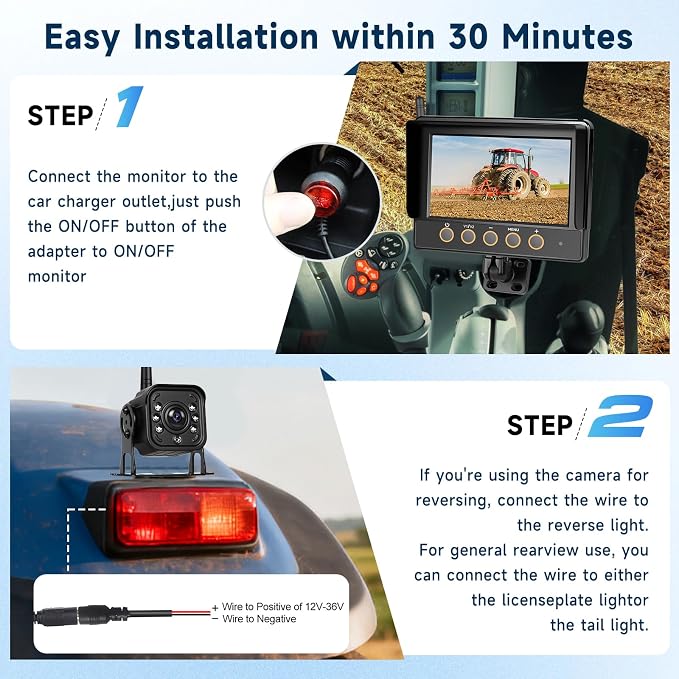 Wireless Backup Camera Kit with 7-Inch Monitor, IP68 Waterproof HD 720P IR Night Vision Rear View Camera for Tractor,Truck,Trailer,Wagon,Seeder,Excavator,Loader