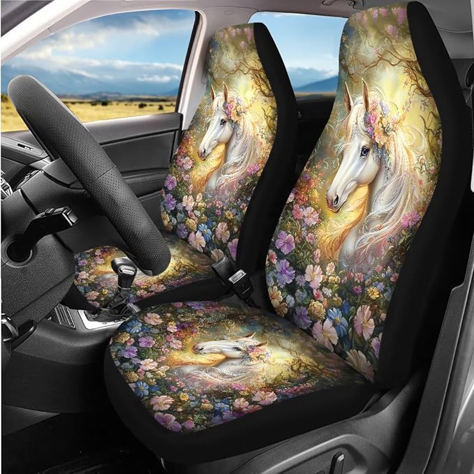 Beautiful White Horse Car Interior Accessories Set for Women, Car Seat Cover Full Set with Automotive Steering Wheel Cover Auto Center Console Pad Seat Belt Pads