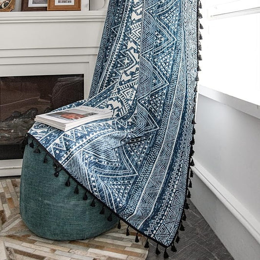 ColorBird Blue Boho Curtains Farmhouse MCM Western Striped Aztec Light Filtering 84 Inches Window Treatment Patterned Drapes for Bedroom Living Dining Room Kitchen Boho Chic Decor
