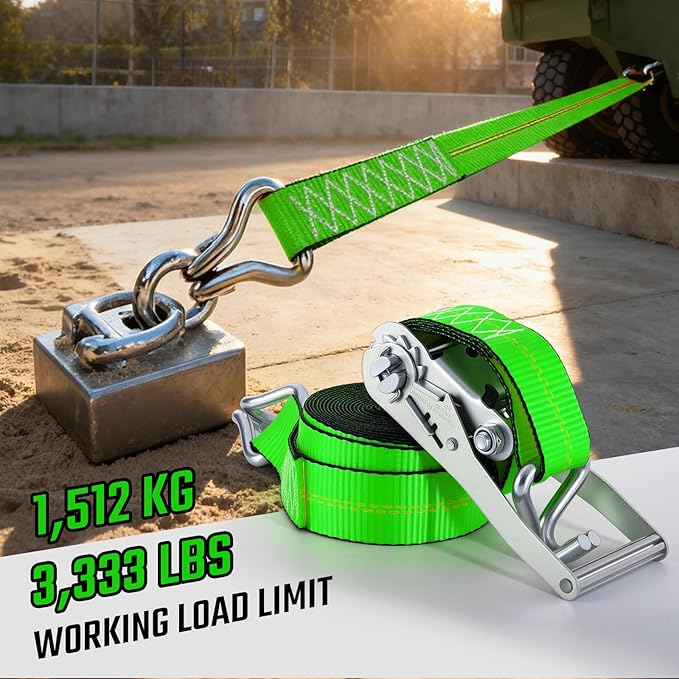 2"x20' Ratchet Straps with J Hooks - 10,000lb Break Strength/ 3,333lb Load Capacity Ratchet Tie Down Strap - Ratchet Straps Heavy Duty - Cargo Straps for Truck, Lawn Equipment, Car Roof, 4 Pack(Green)