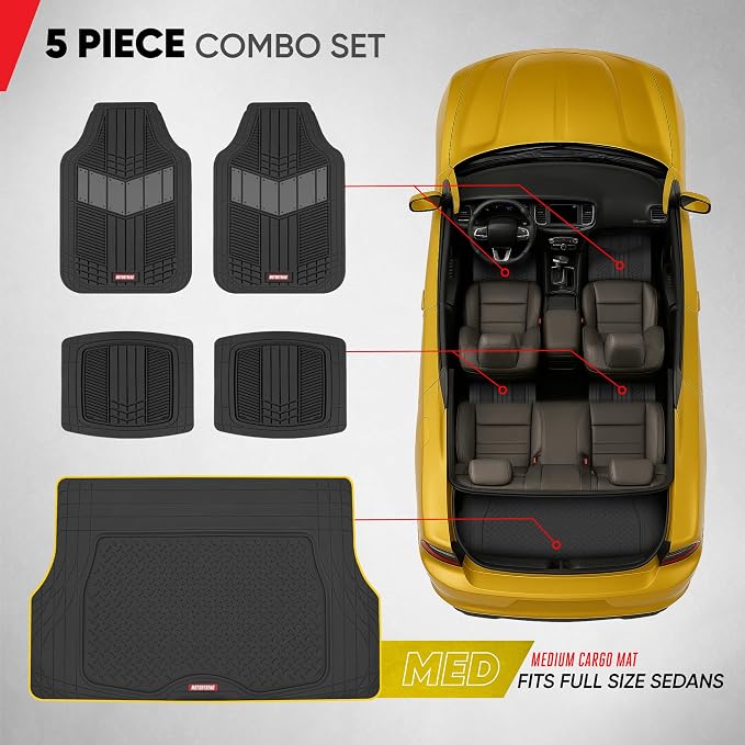 Motor Trend DualFlex Gray Floor Mats for Cars & Cargo Mat Full Set - All Weather Front & Rear Rubber Automotive Floor Mats & Cargo Liner for SUV, Car, & Van - Interior Trunk Mat & Floor Cover