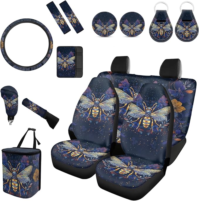 Forchrinse Starry Bee Car Seat Covers for Women 15Piece Soft Auto Accessories Set with Steering Wheel Cover/Armrest Cover/Seatbelt Shoulder Pads/Trash Can/Key Chain
