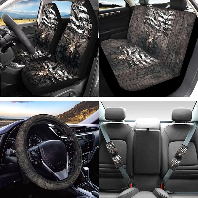 Lotusorchid 16 Pcs American Flag Deer Print Car Seat Covers Full Set with Steering Wheel Cover, Seat Belt Pad Center Console Cover Headrest Cover Gear Shift Knob Cover Car Coaster, Brown