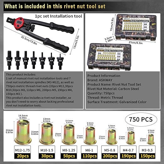 Pressure Rivet Nut Tool Kit, 750PCS Metric Rivet Nut Combination (M6/M5/M4/M3), Suitable for Furniture, Decoration, Automotive, Marine and Industrial Applications
