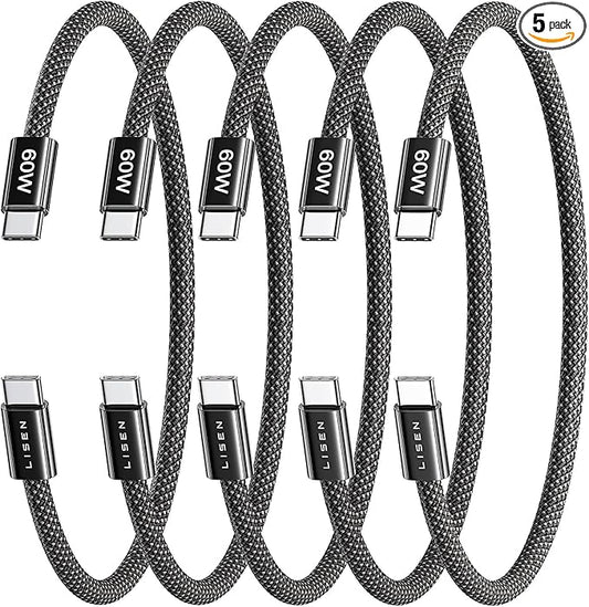 LISEN USB C Cable, 5-Pack [0.5FT] USBC to USBC Cable for iPhone 17 16e 15 Pro Max Charger Cord, 60W C to C Cable Fast Charging for Galaxy S25/S24/23, Switch 2, iPad, MacBook,Black