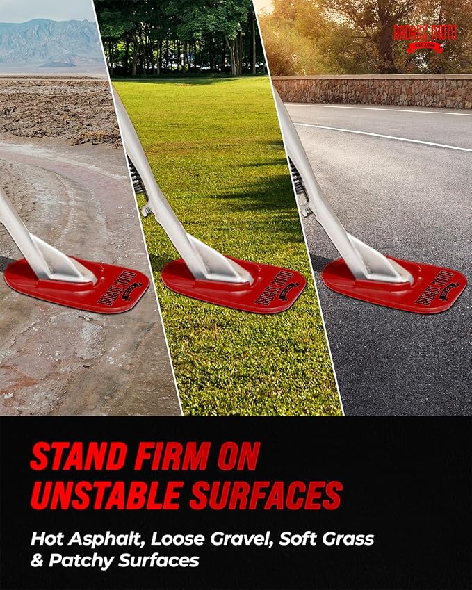 Badass Moto Motorcycle Kickstand Pad - Kick Stand Puck, Coaster Plate for Harley Davidson, Touring & Sport Bikes - Motorcycle Accessories for Grass, Dirt, Hot Pavement Parking Pad - Red(4-Pack)