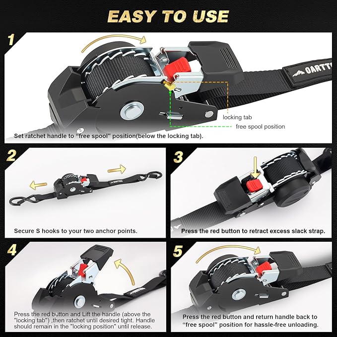 Retractable Ratchet Straps (4-Pack) - 1 Inch x 10 Feet (1,650lb Break Strength) - Heavy Duty Auto Self Retracting Tie Down Straps for Truck, Cargo Trailer, Motorcycle, ATV, UTV - Black