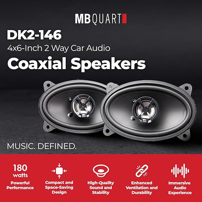 MB Quart 4x6" 2 Way Car Audio Coaxial Speakers with Polypropylene Cones & Butyl Rubber Surrounds for Enhanced Quality, 180W Peak Power, 88 dB, Pair