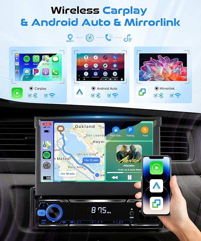 4G+64G Android Single Din Flip Out Car Stereo with Wireless Carplay Android Auto, Sellrich 7" Single Din Flip Out Touchscreen Radio with BT 5.0 GPS WiFi DSP FM/RDS USB/AUX/Type-C SWC Backup Camera
