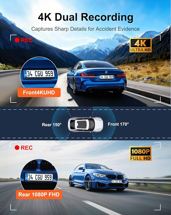 4K Dash Cam Front Rear, Dual Dash Camera for Cars Built in 5GHz/2.4GHz WiFi GPS Dashcam with G-Sensor 24H Parking Monitor Loop Recording WDR Night Vision 170° View Angle APP Control Free 64GB SD Card