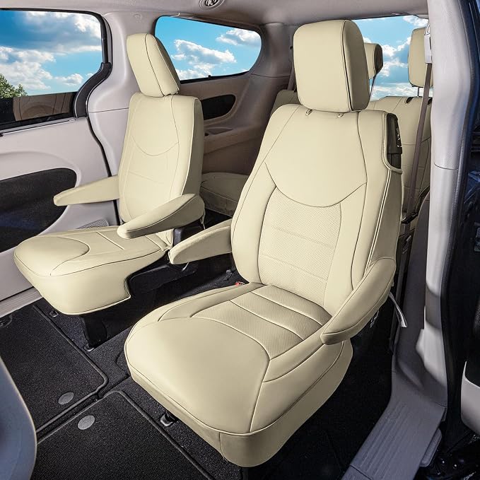 FH Group Custom Fit Car Seat Cover Specefically Made for Chrysler Pacifica 2017-2024 - 2nd Row Set Non Hybrid, Faux Leather, Solid Beige