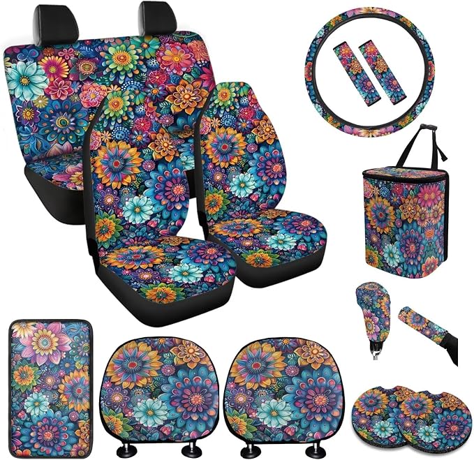 BIGCARJOB Boho Lotus Car Seat Cover Set for Front and Rear,15 Pcs Blossom Flower Car Seat Interior Accessories Full Set with Seat Belt Pads,Car Seat Head Rest Protective Cover,Auto Garbage Bag