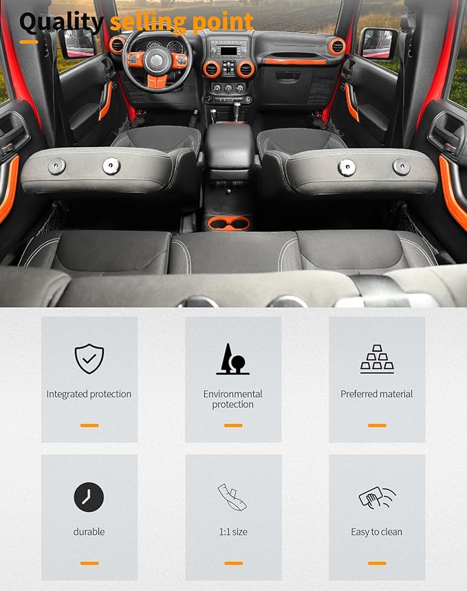 Hoolcar Steering Wheel Cover Gear Shift Panel Trim Cover Water Cup Holder Cover Kit Interior Accessories Kit Fit for Jeep Wrangler JK JKU 2011-2018, 4-Door, Orange