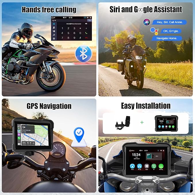 Motorcycle GPS Navigation System with Wireless Carplay Android Auto 5" Moto CarPlay Screen with Dual Bluetooth, Navigation/Siri/G00gle Assistant Waterproof