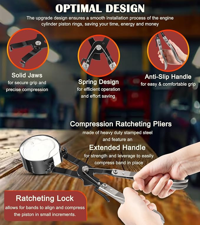 Bonbo 940387 Piston Ring Compressor Tool Set Perfect for Car Diesel Engines, Including Vehicle Maintenance Clamps, Ratchet Pliers, Storage Case
