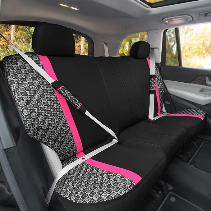 We Are Young Life is Fun™ Checker Car Seat Covers Universal Fit Interior Accessories Full Set Pink Seat Cover Combo Steering Wheel Cover and Seat Belt Pads, Airbag and Split Rear Car Seat Covers