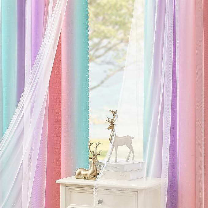 XiDi Kids Blackout Curtains with Sheer Overlay for Girl Bedroom 96 Inches Long Pink Purple Green Rainbow Princess Double Layer Curtain Thermal Insulated Room Darkening Grommet Drapes 2 Panels W52xL96