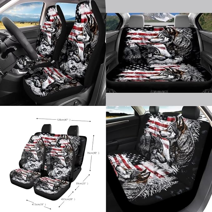 Wanyint Wolf American Flag 15 PCS Car Seat Covers Set for Men Women, Auto Seat Protector with Steering Wheel Cover Seat Belt Pads Trash Bin Air Vent Pocket Rear View Mirror Cover Coasters Key Chain
