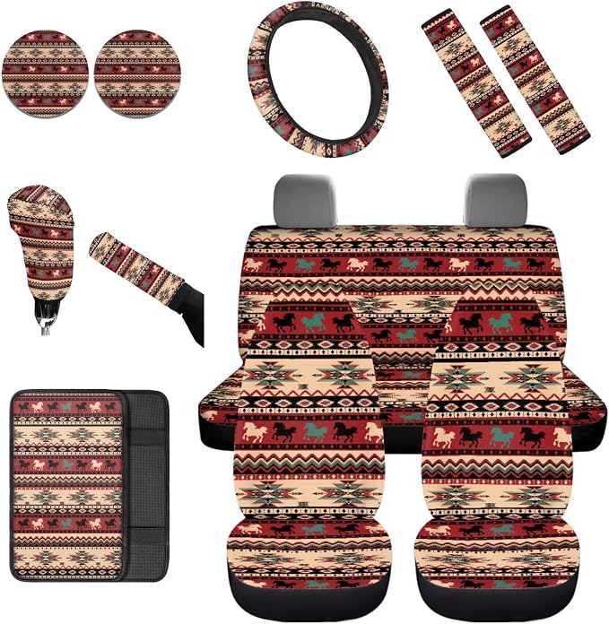 Dreaweet Car Seat Covers Full Set 12 Pcs Navajo Horse Car Accessories Decor Universal Seat Covers for Truck SUV with Steering Wheel Cover/Armrest Cover/Seatbelt Covers/Cup Coasters/Gear Shift Cover