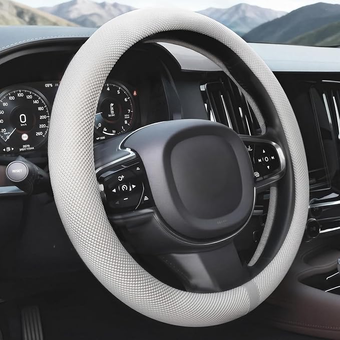 Universal 15 Inch Steering Wheel Cover for Cooling, Non-Slip Breathable Cooling Car Steering Wheel Cover with Upgraded Silicone Inner Ring for Round/D Shape, Warm in Winter Cool in Summer, White Gray