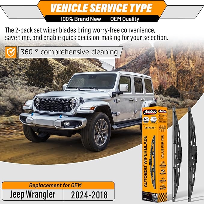 AUTOBOO 16"+16" Wiper Blades Replacement for Jeep Wrangler JL Front Windshield wipers 2024 2023-2018- Original Factory Quality (Pack of 2)