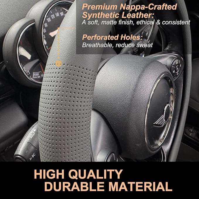 PINCTROT Nappa Leather Steering Wheel Cover, Slim Fit No Bulk Design, One Piece Leather with Breathable Perforation, Fit Like Gloves, Universal 14.5-15 Inch(Nappa Dark Gray)