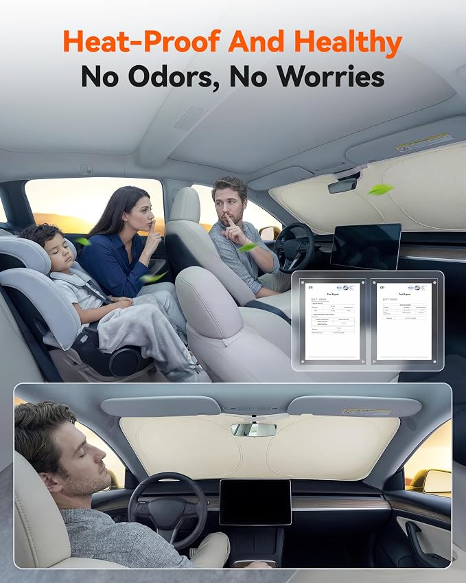 WOLFBOX Foldable Car Windshield Sun Shade, Maximum UV & Heat Shield Front Window Sunshade Visor Protector Universal Fit for SUVs Trucks Sedans (69''x35'')