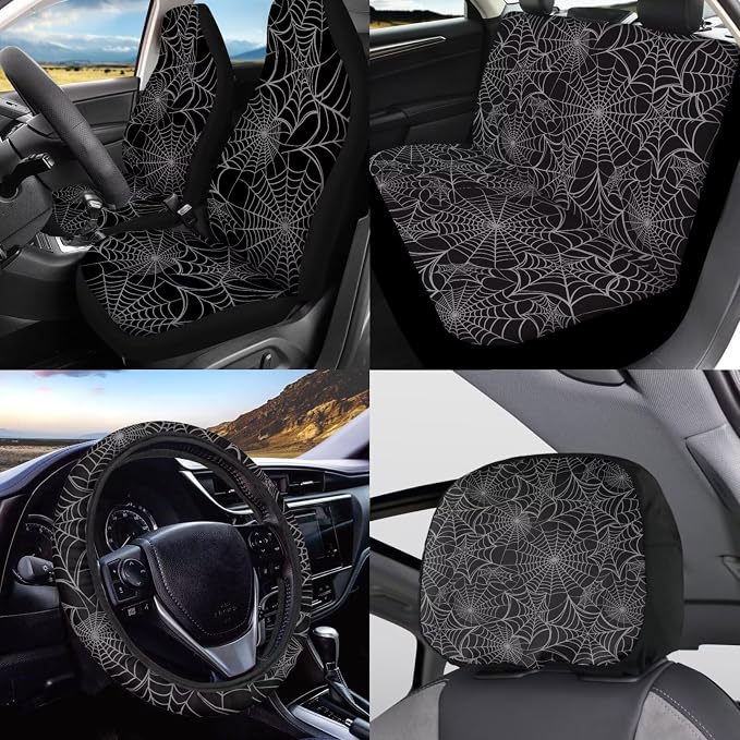 KEIAHUAN Black Spider Web Car Seat Covers for Women Men with Gear Shift Knob Cover&Handbrake Cover Steering Wheel Cover Headrest Cover Coasters Full Set of 11pcs Universal Fits for SUV Truck Sedan