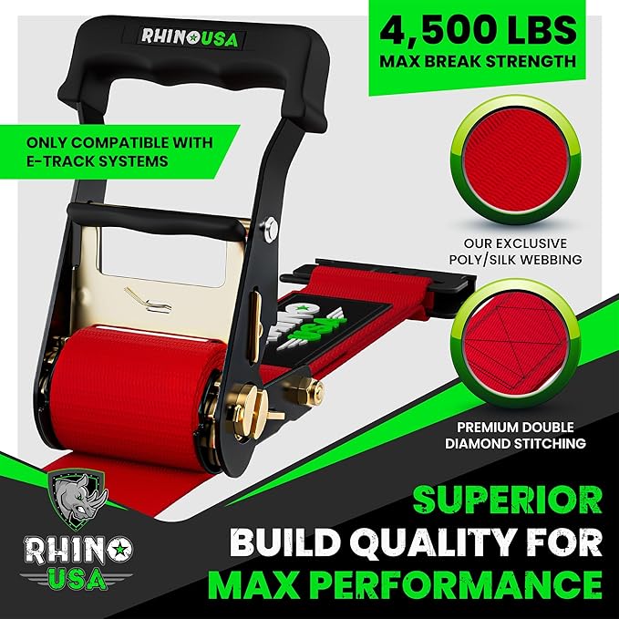 Rhino USA E Track Ratchet Tie Down Straps (4,500lb Break Strength) - Includes (2) Premium 2" x 16' eTrack Tie Downs - Ultimate Heavy Duty eTrack Cargo Strap System for Trailer, Truck, Motorcycle