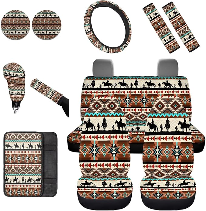 Dreaweet Aztec Car Seat Covers Full Set Western Cowboy Pattern Car Accessories for Men,Universal Steering Wheel Cover/Center Console Cover/Seatbelt Covers/Coasters/Gear Shift Cover and Handbrake Cover