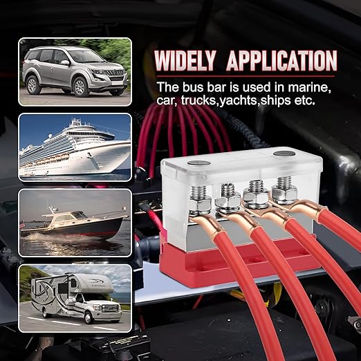 2Pcs 600A Bus Bar Power Distribution Block 12-48V Terminal Block 4x3/8(M10) Studs Marine Battery Bus Bar with Waterproof Cover Quick Mount for Automotive Car Boat Solar System (Red & Black)