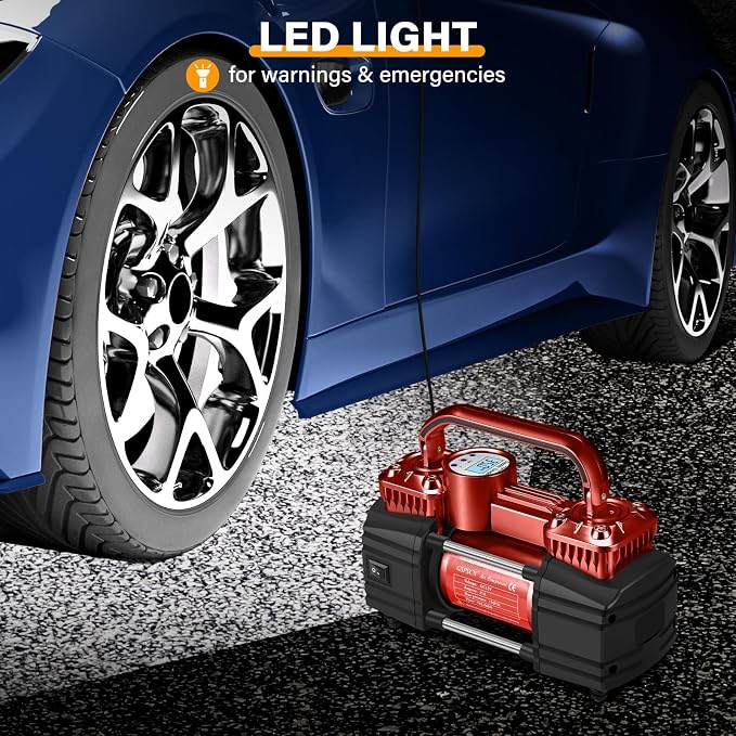 GSPSCN Heavy Duty Digital Tire Inflator 12V Portable Air Compressor Pump | 6X Faster Inflation Auto Shut-off Double Cylinders Metal Air Pump 150Psi with LED Light for Pickup,Truck,Car,Bicycles,RV,SUV