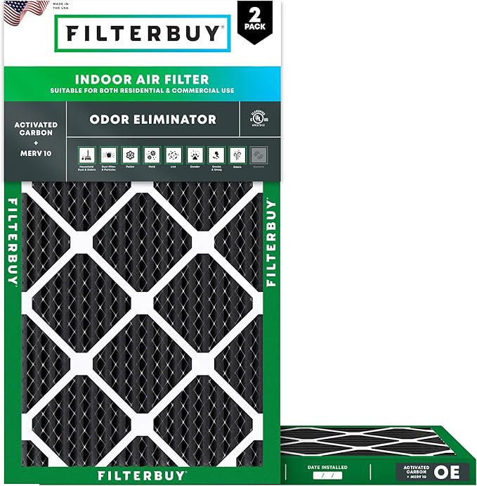 Filterbuy 17x25x1 Air Filter MERV 10 Odor & Allergy Defense with Activated Carbon (2-Pack), Electrostatic Pleated HVAC AC Furnace Filters Replacement (Actual Size: 16.50 x 24.50 x 0.75)