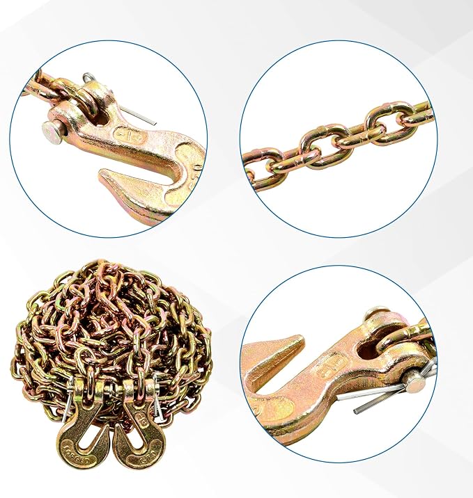 1/4 Inch x 20 Feet Transport Binder Chain G80 Safey Tow Chain with Grab Hooks 3300 Lbs Safe Work Load for Transporting Towing Tie Down Binding Equipment