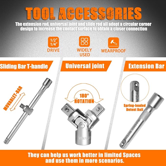 XHTT Mechanics Tools Kit,108-Piece 1/4"&1/2 Metric And Standard Socket Set,Ratchet Set,Quick Release Reversible Ratchet Wrench,Universal Joint,Extension Bars.