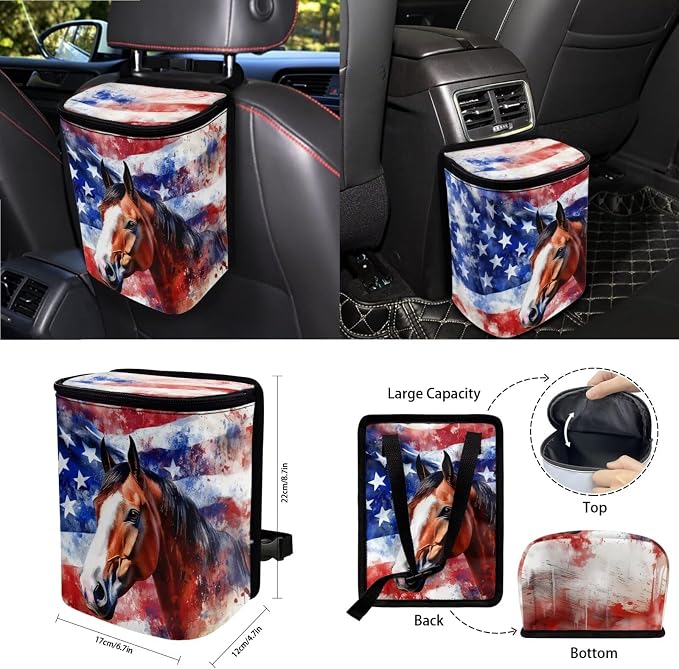 American Flag Horse Printed 15 PCS Car Accessories, Universal Auto Seat Protector Steering Wheel Cover Seatbelt Strap Covers Trash Can Cup Holders Rearview Mirror Cover Keychain