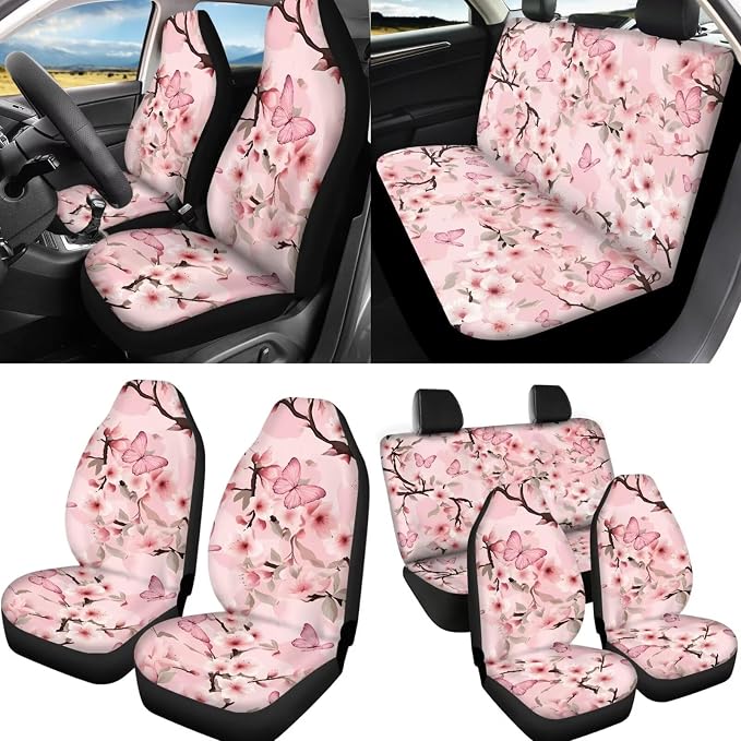 Pink Cherry Blossom Butterfly Car Seat Covers for Women Lady，12 Pcs Flower Car Steering Wheel Cover Shoulder Seatbelt Pad Armrest Cushion Keychain Car Coaster Universal Fit Most Vehicle