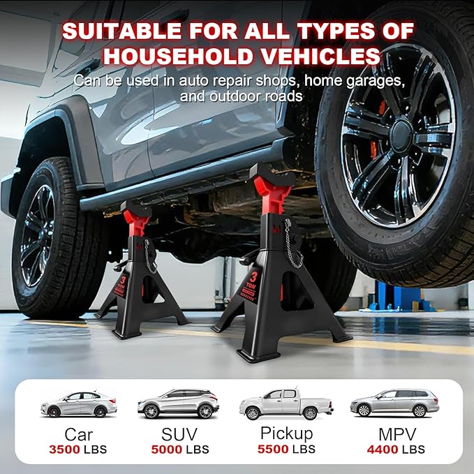 3 Ton (6,600 LBs) Jack Stands with Double Pin Locking,Rubber Cover and Large Foot Base,11"-17" Adjustable Height,Heavy Duty Car Jack Stands,Lifting SUV,MPV,Pickup Truck,ATV/UTV,1 Pair