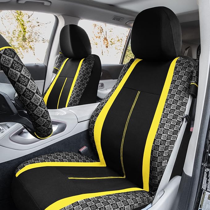 We Are Young Life is Fun™ Checker Car Seat Covers Universal Fit Interior Accessories Full Set Yellow Seat Cover Combo Steering Wheel Cover and Seat Belt Pads, Airbag and Split Rear Car Seat Covers