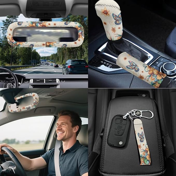 Butterfly Boho Flower Car Seat Covers Full Set Butterfly Flower Car Accessories Set for Women Boho Car Seat Belt Pads Cover Steering Wheel Cover Car Trash Can Car Headrest Covers Universal