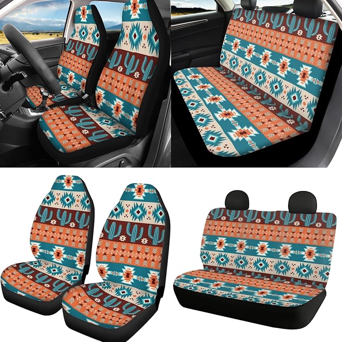Aztec Cactus Car Seat Cover Full Set with Tribal Car Seat Cover with Steering Wheel Cover, Shoulder Pads, Aztec Seat Covers Auto Accessories Universal Fit for Most Cars