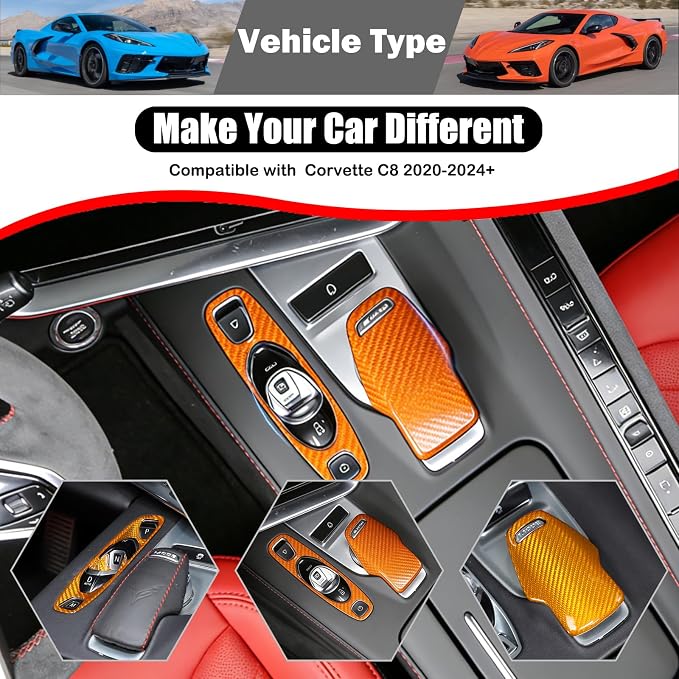 Set of 2 Genuine Carbon Fiber Gear Shift Panel Cover Trim for Corvette C8 2020-2025 Gear Shift Knob Head Protection&Console Gear Shift Button Panel P D Auto M Button Frame Accessories (Yellow)