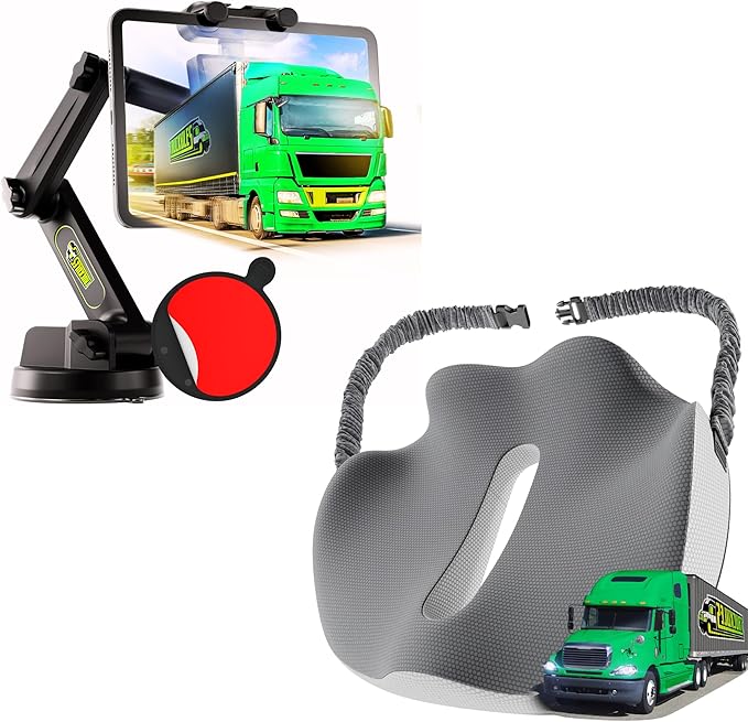 Commercial Truck Tablet Mount + DP & Semi Truck Seat Cushion, Heavy Duty Tablet & iPad Holder Compatible for Dashboard Windshield Window & Ultimate Memory Foam Trucker Seat Cushion (1 TM & 1 SC)