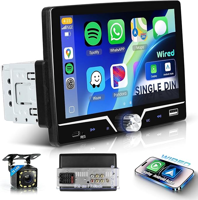 Single Din Radio with Wired CarPlay & Android Auto, 7" HD Touch Screen,Single Din Car Stereo with Mirror Link, SWC, FM Radio, Bluetooth,USB/Type C, EQ for Car Audio