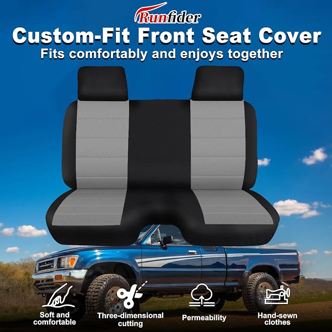 Bench Seat Covers for Toyota Pickup 1987 1988 1989 1990 1991 1992 1993 1994 Heavy Duty Cloth Protector Interior Accessories,Molded Headrest with Small Notch Machine Washable, Gray