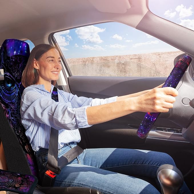 Riakrum 15 Pcs Purple Colorful Owl Car Seat Covers Full Set Space Cats Car Covers for Front Rear Seat Steering Wheel Wrist Strap Armrest Pad Shoulder Pads