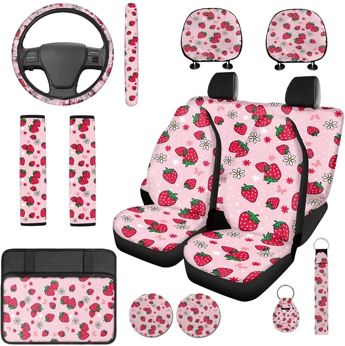 Bulopur Strawberry Pink Car Seat Covers Full Set with Matching Steering Wheel Cover American Flag Car Interior Decor Set for Truck Van Sedan Car Armrest Cover Seat Belt Covers Coasters