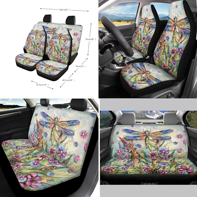 Suobstales Dragonfly Daisy Flower Print Car Seat Cover Front Back Split Bench Protector for SUV Truck Van, 15 Inch Steering Wheel Covers, Seat Belt Covers, Coasters, Keychain Auto Decor for Women Men